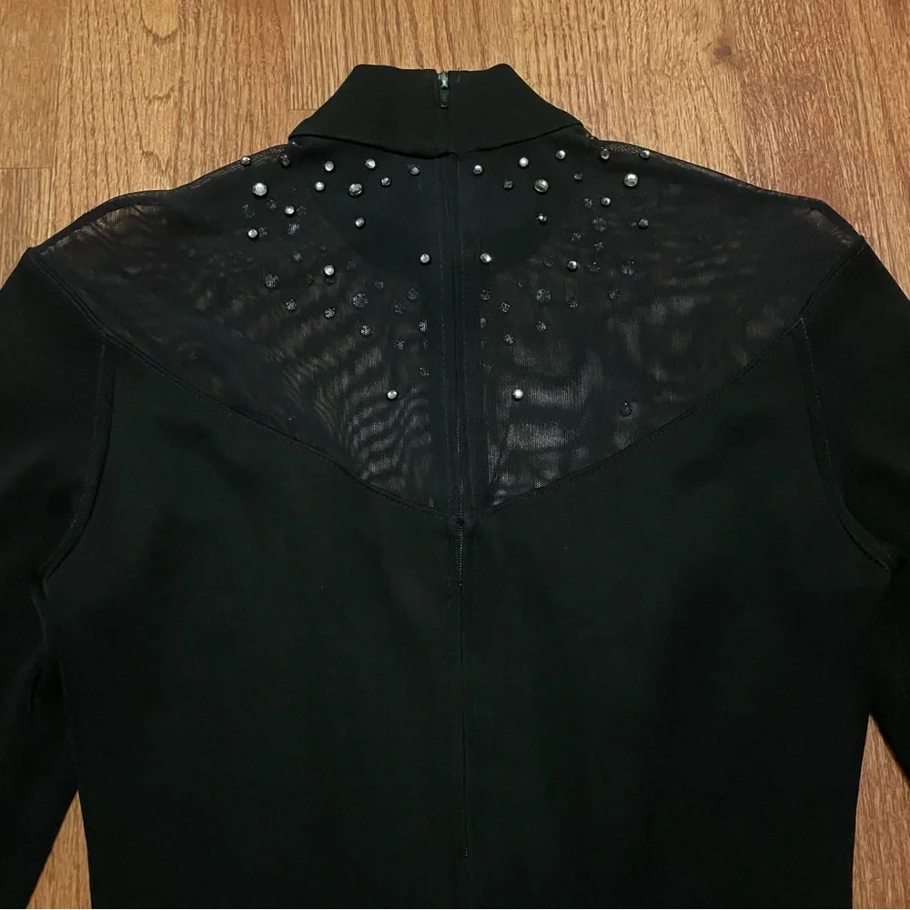 Tadashi Black Long Sleeve Rhinestone Embellished Mesh Thong Bodysuit size M - Picture 9 of 14